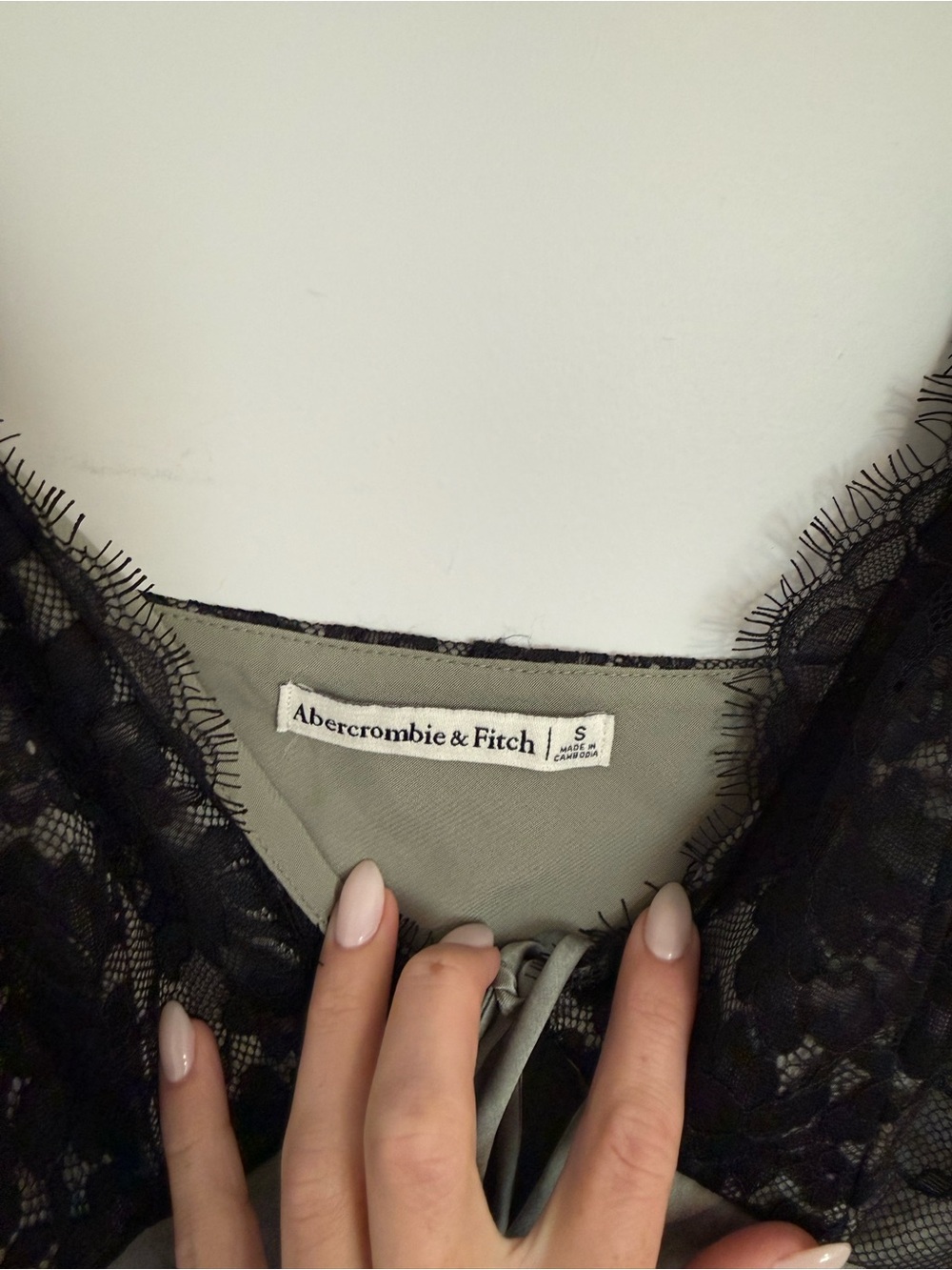 Abercrombie Silky Lace-Trim Cami Top in Olive & Black - Picture 3 of 3